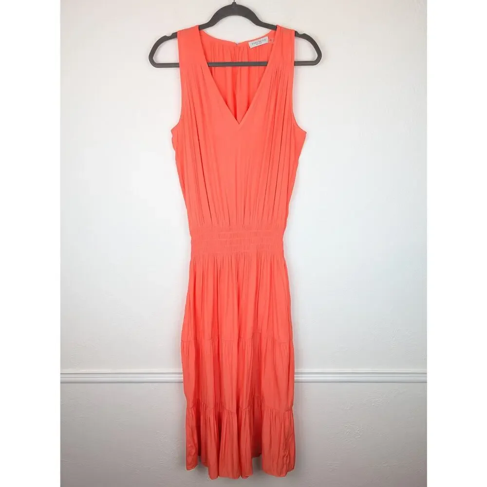 Ramy Brook Edenn Midi Dress Tiered Smocked Boho Keyhole Coral Pink Orange Size S